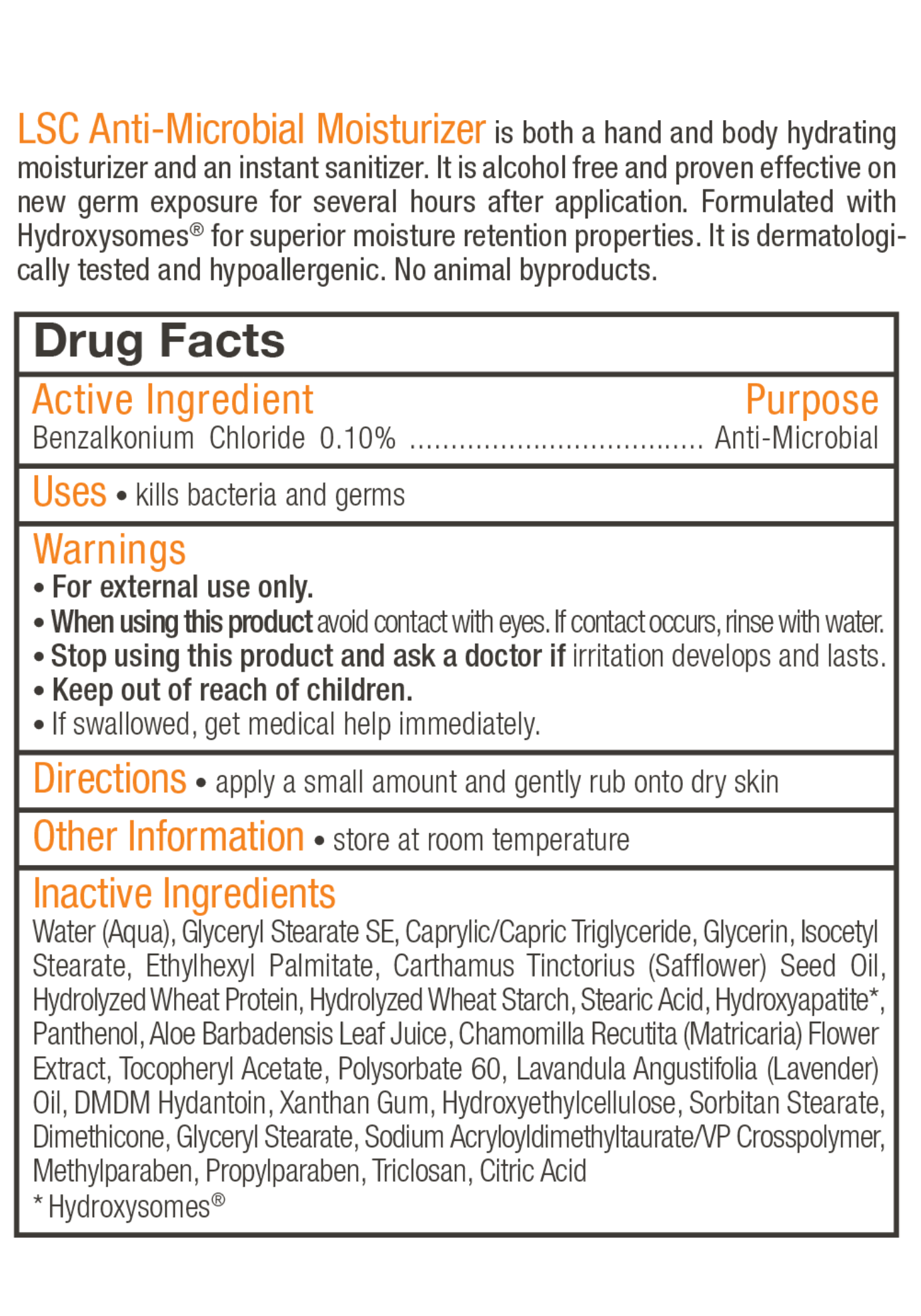 LSC Anti-Microbial Moisturizer Drug Facts